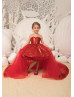 Red Sequin Tulle Knee Length Flower Girl Dress With Removable Train